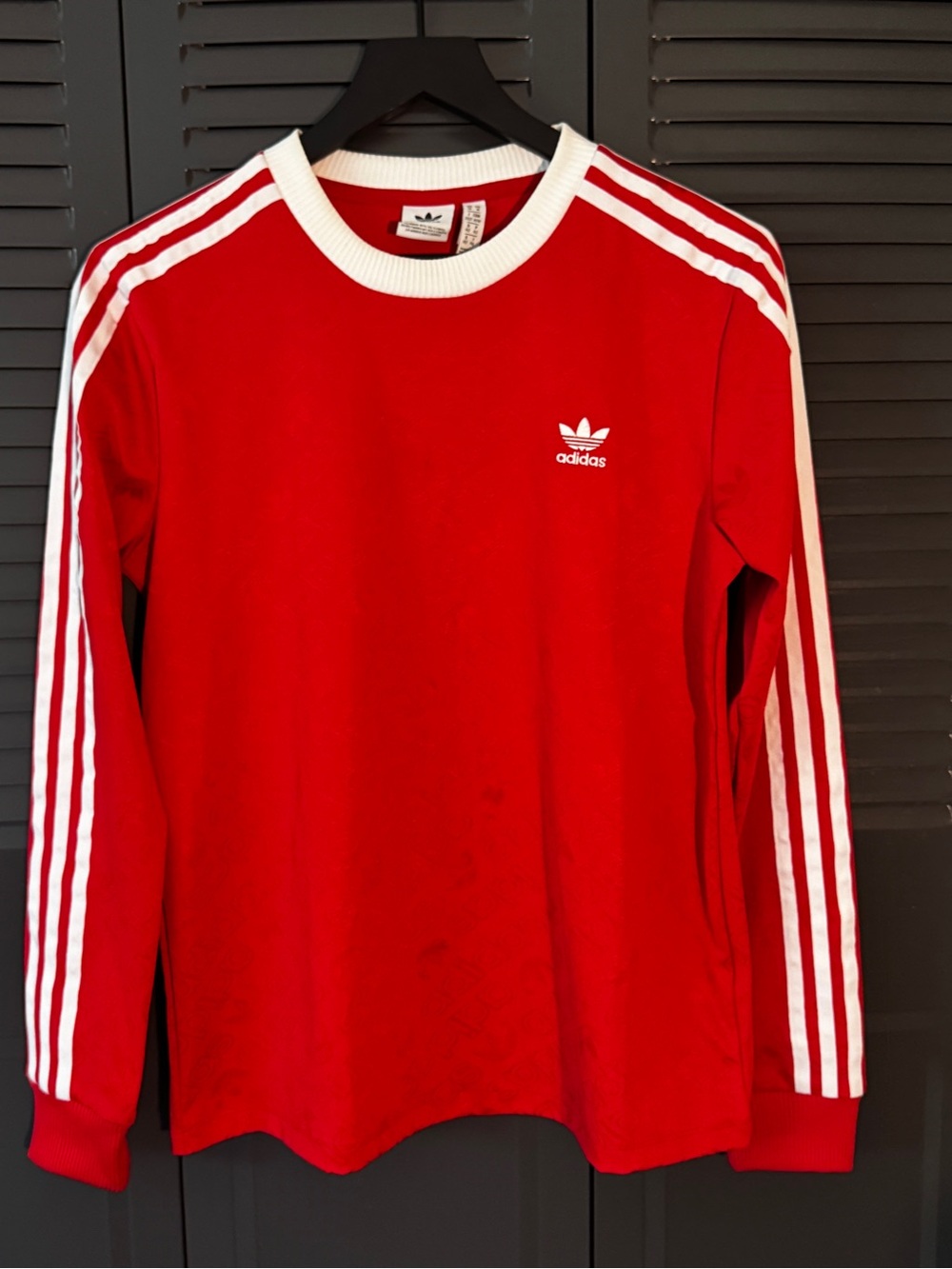 adidas Red Long-Sleeve Tee Three-Stripe with White Trim
